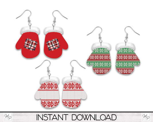 Christmas Mitten Earring BUNDLE PNG for Sublimation, Digital Design Download