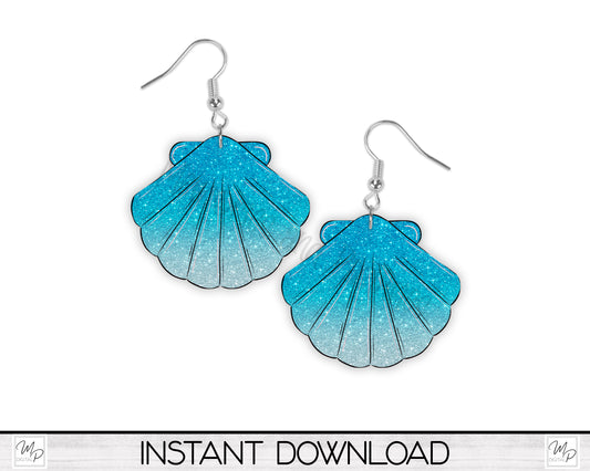 Blue Scalloped Shell Earring PNG Design for Sublimation, Digital Download