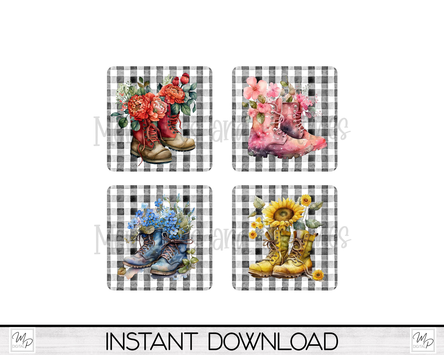 Floral Boots Coaster Sublimation PNG Designs For Sublimation of Square and Round Coasters, Digital Download
