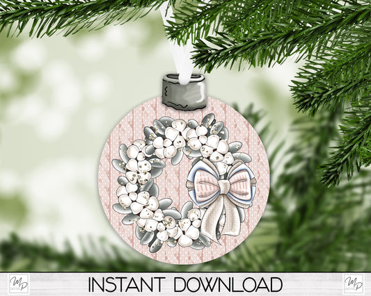 Pink Christmas Wreath Bobber Ornament / Door Hanger PNG for Sublimation, Bobber Tree Ornament Design, Digital Download