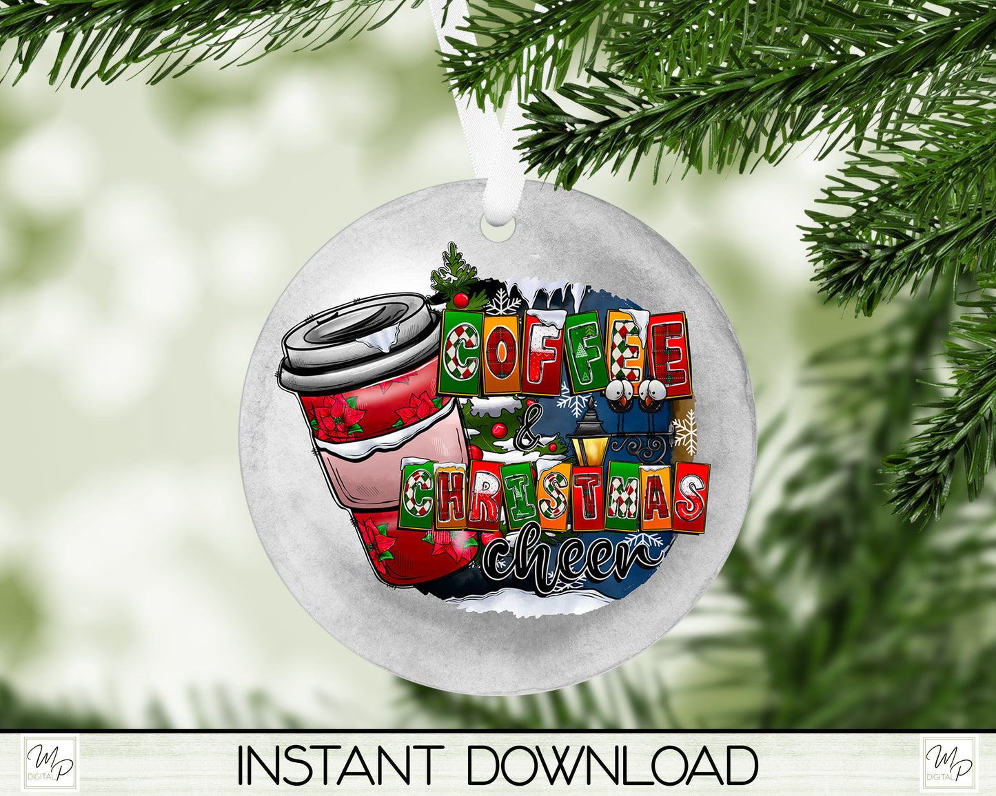 Coffee and Christmas Cheer BUNDLE, PNG for Sublimation, Ornament, Earrings, Door Hanger Digital Download