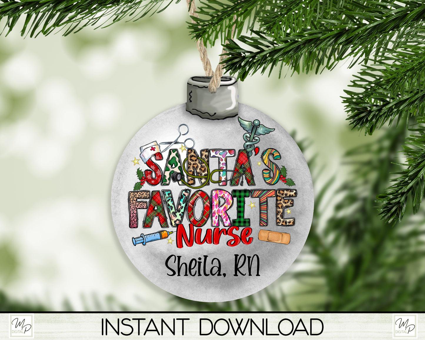 Santa's Favorite Nurse BUNDLE, PNG for Sublimation, Ornament, Earrings, Door Hanger Digital Download