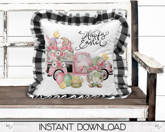 Happy Easter Gnome Square Pillow Cover PNG Sublimation Design, Digital Download