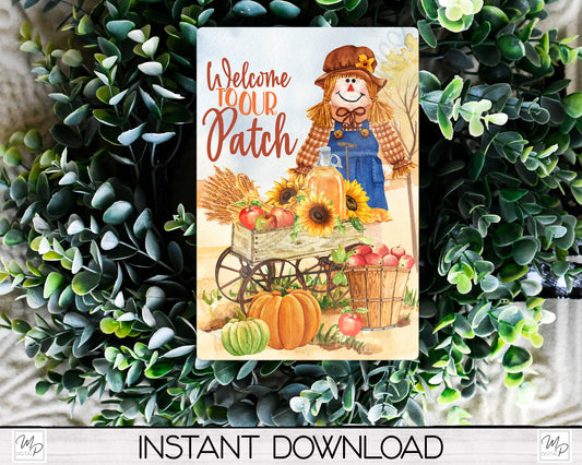 Fall Scarecrow Rectangle Wreath Sign PNG Design for Sublimation, Welcome To Our Patch